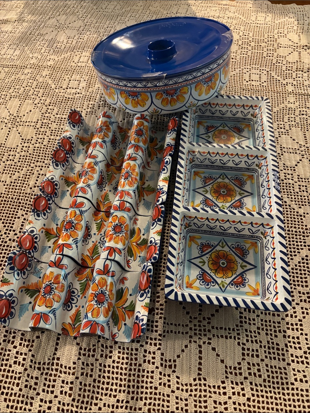 Taco night serving dishes. Blue, Orange & Yellow floral motif with blue base.